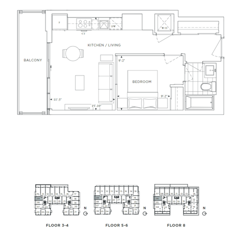 Floor plan for 1 bed, 1 bath, 513 sqft